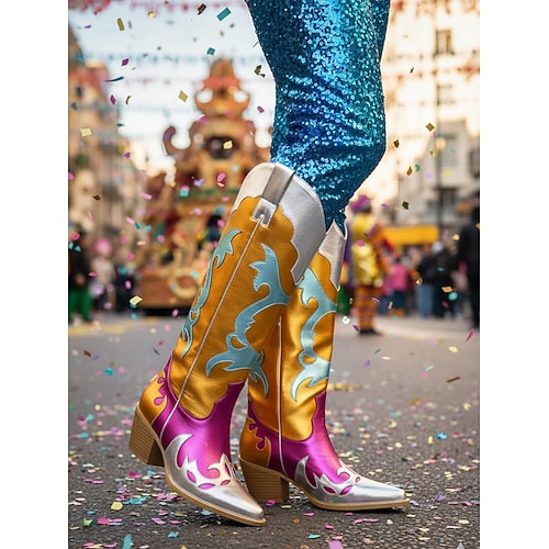 Damen Mardi Gras farbenfrohe metallische Cowboy-Stiefel für den Karneval - Silber Pink und Orange Blockabsatz festivalbereit Image