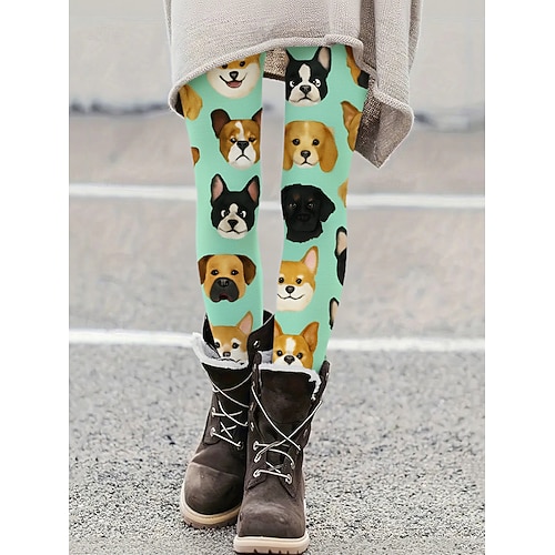 Damen Leggings Gemütliche Leggings Urlaub Lässig Volle Länge Hohe Taille Grafik Hund Drucken Komfort Bequem Dehnbar Lässig Täglich Urlaub Violett Grün Leicht Blau Frühling Herbst Schmale Passform Image