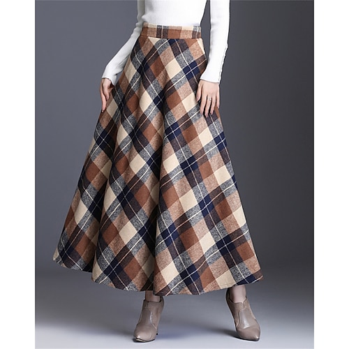 Damen Elegant Retro Vintage Maxi Hohe Taille Röcke Karomuster Farbblock Tasche Lang Mikroelastisch Täglich Alltagstauglich Blau Rote Grün Khaki Herbst Image