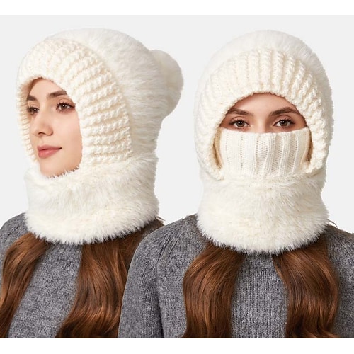 3-in-1-Strickmütze für Damen: Wintermütze mit integriertem Halswärmer und Gesichtsmaske, hochelastisch, einfarbig, winddicht und warm – ideal zum Radfahren bei kaltem Wetter. Image
