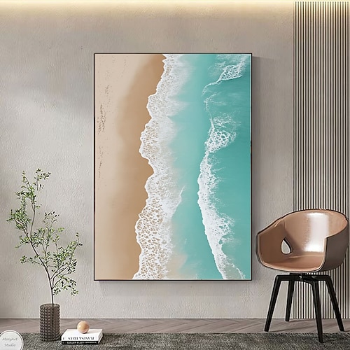 Handgemaltes Ölgemälde einer Meereswelle in blauem Impasto-Stil, abstrakte Meereskunst, moderne Küsten-Wohnzimmerdekoration, großes Naturwellen-Kunstwerk Image