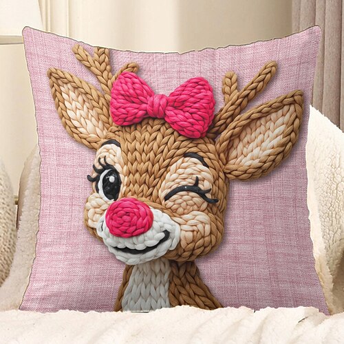 Valentinstags-Kissenbezug mit 2D-Flachdruck: Rosa mit einem Reh mit Schleife und Rosen in den Händen, zwinkerndem Motiv, niedlicher Dekokissenbezug, perfektes Valentinstagsgeschenk für Sofa und Bett. Image
