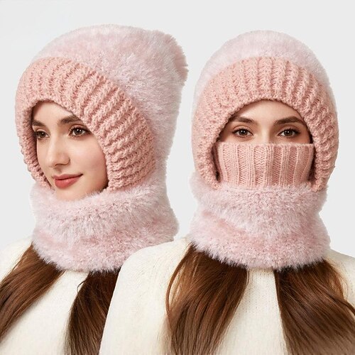 3-in-1-Strickmütze für Damen: Wintermütze mit integriertem Halswärmer und Gesichtsmaske, hochelastisch, einfarbig, winddicht und warm – ideal zum Radfahren bei kaltem Wetter. Image