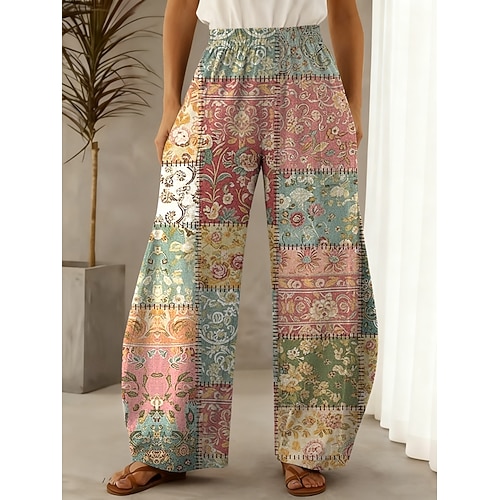Damen Weites Bein Chinos Hosen Hose Urlaub Vintage Ethno-Stil Volle Länge Hohe Taille Blumen Farbblock Kordelzug Patchwork Tasche Bequem Komfort Atmungsaktivität Dehnbar Lässig Täglich Urlaub Rosa Image