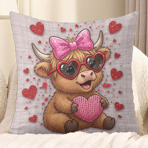 Valentinstag-Kissenbezug mit 2D-Flachdruck, Kuh mit rosa Herzbrille und Rosen Herzen, Wellenmuster, niedlicher rosa Dekokissenbezug, Valentinstagsgeschenk Image