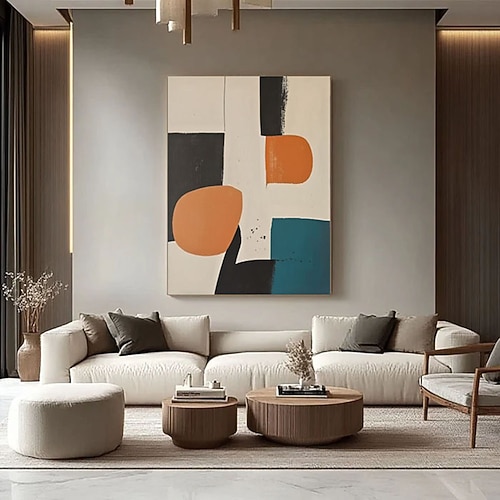 Handgemaltes abstraktes minimalistisches Gemälde im Stil der Mitte des 20. Jahrhunderts mit abgerundeten Formen, farbenfrohes, elegantes modernes Poster in Orange, Blau, Schwarz und Weiß, Wandkunst Image