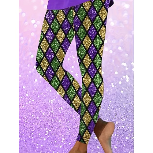 Karneval Damen Leggings Aktiv Urlaub Mode Lang Hochbundhose Grafik Geometrisch Druck Hoher Schnitt Komfort Outdoor Bequem Dehnbar Urlaub Formal Festival Violett Schwarz Grün Sommer Frühling Image