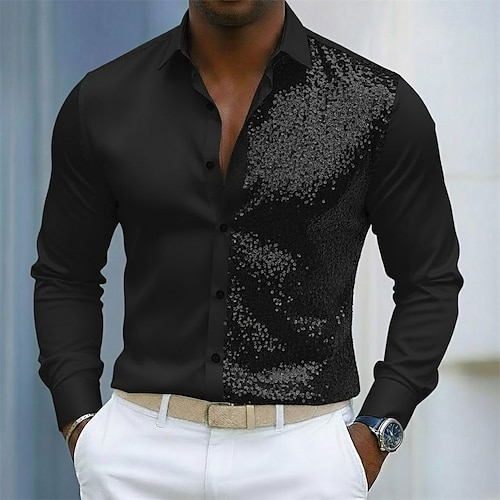 Herren Hemd Sommerhemd Freizeithemd Strandhemd Knopfhemd Schwarz Weiß Langarm Einfarbig Revers Lässig Täglich Pailletten Bekleidung Mode Lässig Trendy Bequem Image