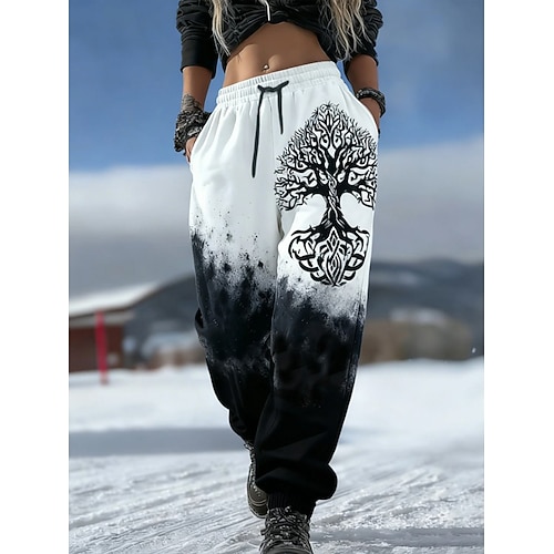 Damen Vikinger Slim Fit Jogginghose Urlaub Vintage Mode Knöchellang Hohe Taille Feder Kordelzug Patchwork Elastischer Bund Komfort Hohe Elastizität Outdoor Urlaub Formell Dunkelgrau Schwarz Weiß Image
