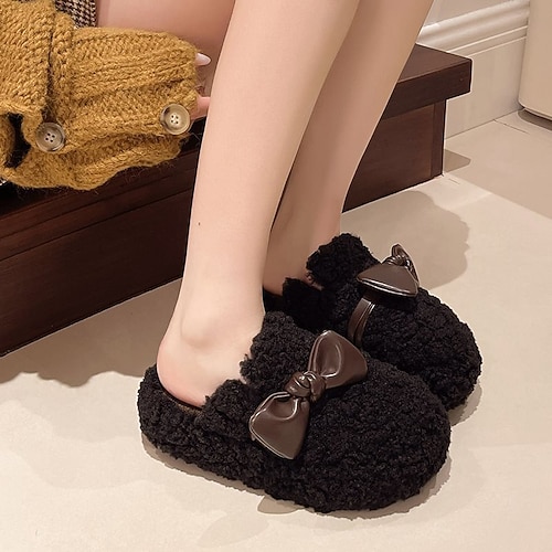 Warme, dicke Baumwollpantoffeln mit Schleife, flauschige, geschlossene Zehenpartie, für Damen, zum Hineinschlüpfen in den Innen- und Außenbereich, extra gefüttert mit Fleece Image
