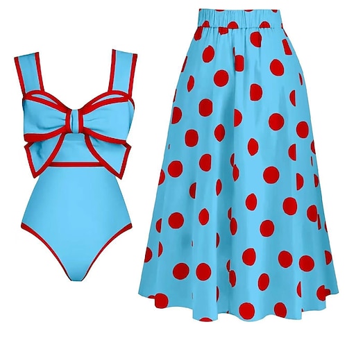 Damen Einteiler Badeanzug Monokini Rock Bauchkontrolle Hohe Taille Schlank Rückenfrei Ferien Strandbekleidung Punkte V-Ausschnitt Ärmellose Badeanzüge Image