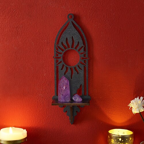 1 Stück dekoratives Holzregal in Form einer ausgehöhlten Sonne und eines Mondes, Halbmond, islamische Dekoration, DIY-Montage, schwebendes Regal/Ablage, geeignet für die Wanddekoration im Wohnzimmer, Image
