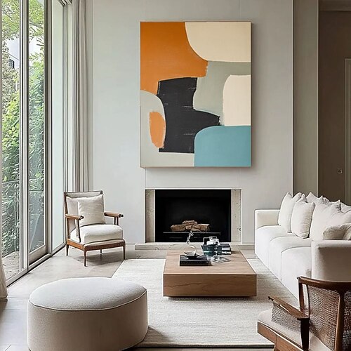 Handgemaltes abstraktes minimalistisches Gemälde im Stil der Mitte des 20. Jahrhunderts mit abgerundeten Formen, farbenfrohes, elegantes modernes Poster in Orange, Blau, Schwarz und Weiß, Wandkunst Image