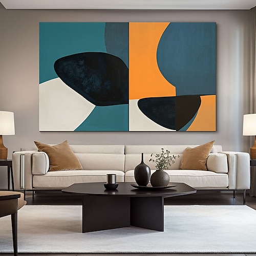 Abstrakte, moderne, farbenfrohe Wandkunst in Blau, Gelb und Schwarz, minimalistische, zeitgenössische Formen, Poster, Wandkunstdekor im Stil der Mitte des 20. Jahrhunderts in Blau und Gelb Image