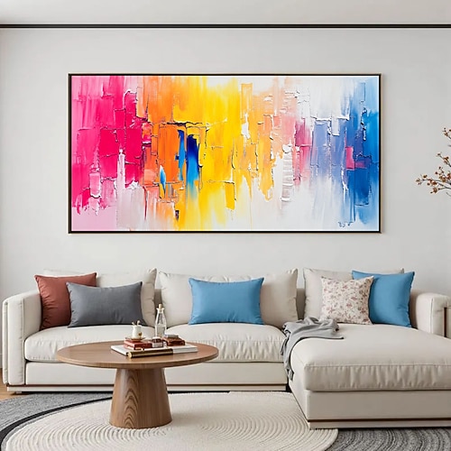 Handgemaltes, modernes abstraktes Landschaftsgemälde, Öl auf Leinwand, farbenfrohe Wandkunst für die Heimdekoration, abstrakte Impasto-Malerei auf Leinwand, 3D-Farbblock Image