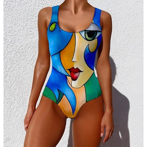 Damen Einteiler Badeanzug Figurbetonend Monokini Briefs Bauchkontrolle Hohe Taille Schlank Rückenfrei Urlaub Vintage Ombre Grafik U-Ausschnitt Ärmellos Badeanzüge Image