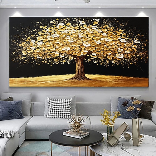 Abstraktes Gemälde eines goldenen Baumes, Leinwand mit goldener Blumenstruktur, goldene und schwarze Baumkunst fürs Schlafzimmer, Acryl-Wandmalerei fürs Schlafzimmer Image