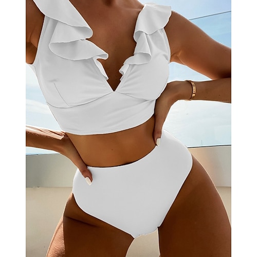 Damen Badeanzug Zweiteilig Freche Unterhose Bademode Rüsche Rückenfrei Urlaub Strandbekleidung Einfach V Ausschnitt Ärmellos Badeanzüge Image