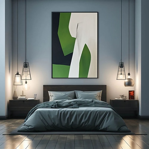 Handgemaltes Ölgemälde, modernes abstraktes grünes Leinwandbild, minimalistische geometrische Wanddekoration, handgefertigtes Ölgemälde auf Leinwand, moderne grüne, schwarze und weiße Wandkunst Image