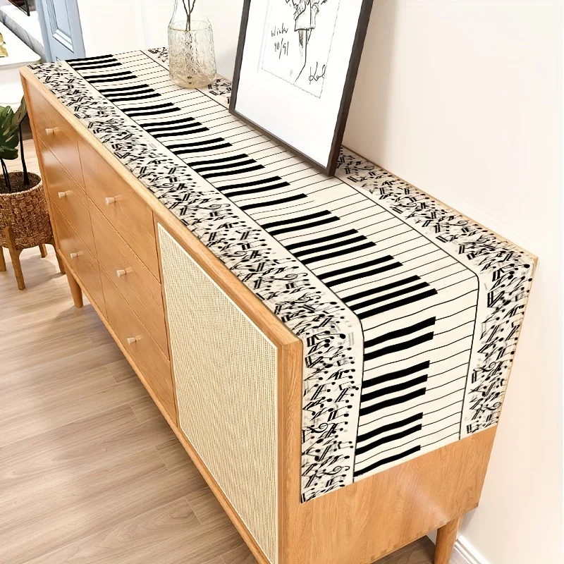 1 Stück Tischfahne mit Weihnachtsmotiv, schwarz-weiße Notiz im karierten Klaviertastaturstil, verwendet für die Feiertagsdekoration Image