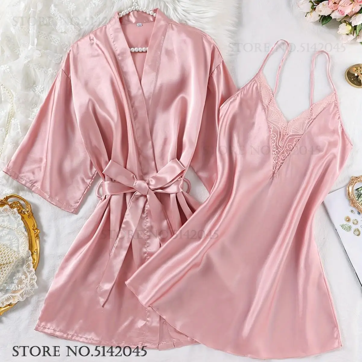 Rosa Seidensatin Nachthemd & Robe Set Pyjama Sexy tiefem V-Ausschnitt Nachthemd Chemise Nachtwäsche Frühling Sommer Kimono Kleid Bademantel Home Wear Image