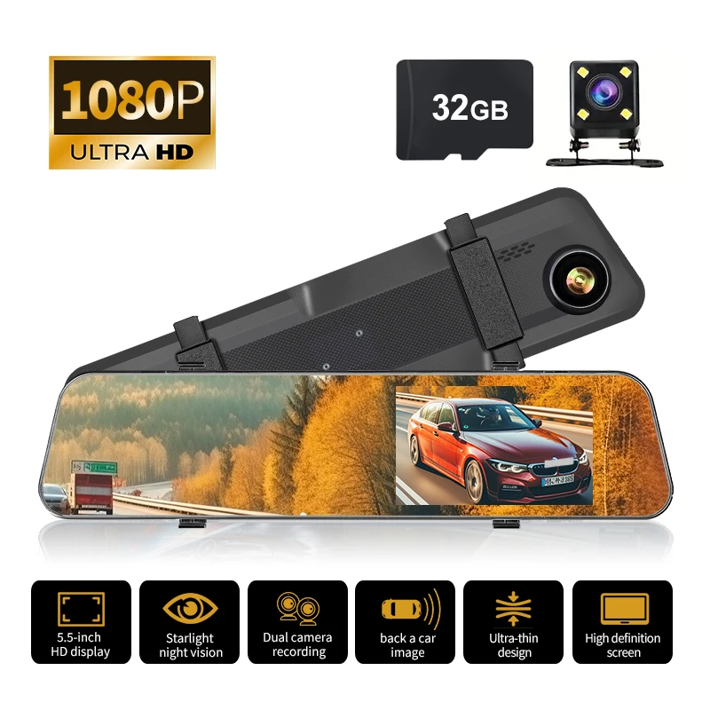 Dashcam Einzigartiger 5,5-Zoll-Fahrrekorder Rückspiegel 1080P HD-Bildschirm vorne und hinten Dual-Aufnahme Image