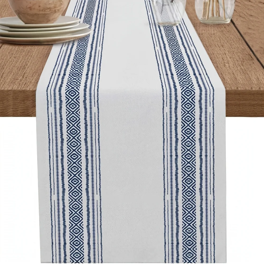 1 Stück Boho-Tischläufer lang – Tischdecke mit blauen und weißen geometrischen Streifen, böhmische Bauernhaus-Dekoration für Hochzeiten