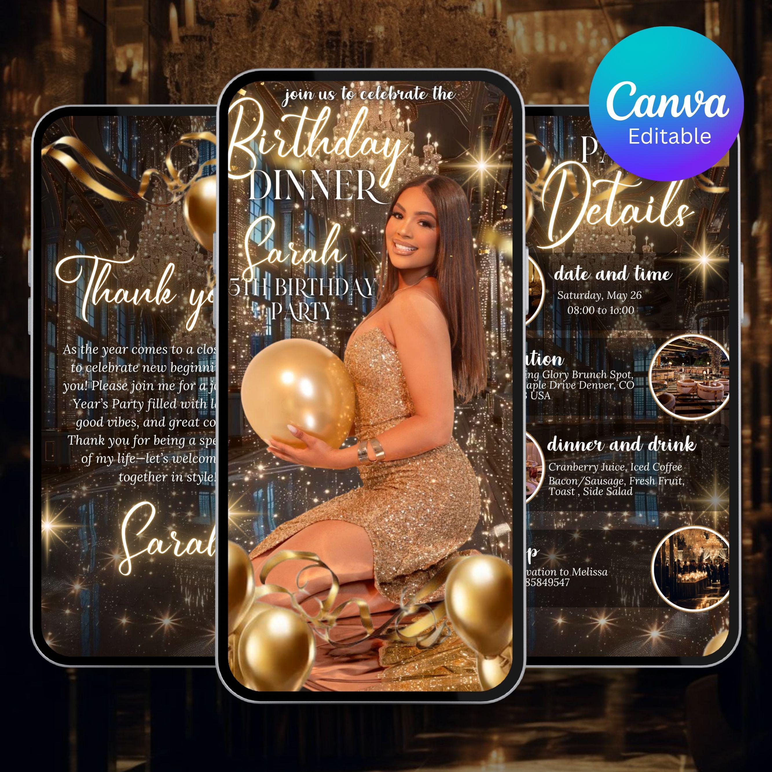 Invito digitale per cena di compleanno, invito di compleanno, modello modificabile Canva, festeggiata, invito di lusso in oro, invito elegante per don