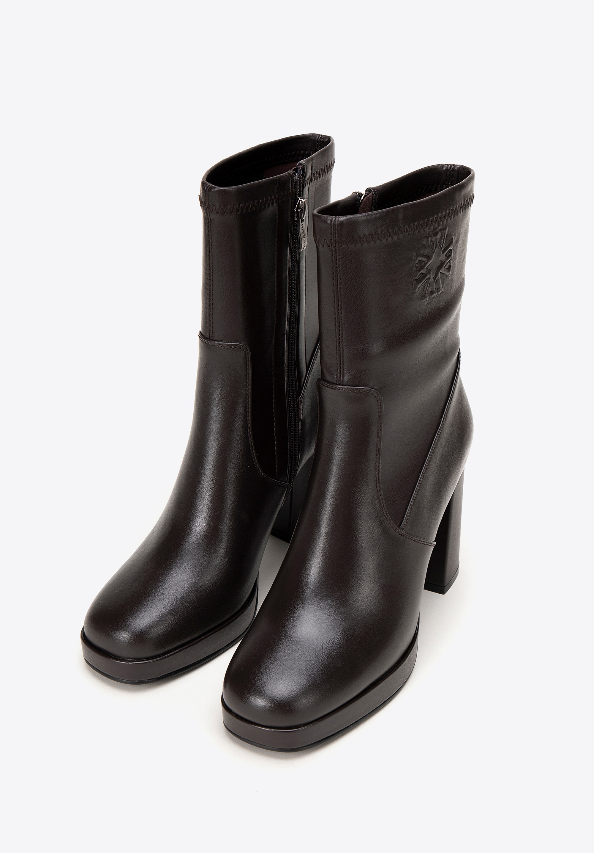 Wittchen Damen-Ankle-Boots mit hohem Absatz und Monogramm, braun, Naturleder