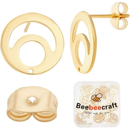 1 Box 30Pcs Flat Round Stud Earring Findings 24K Gold Plated Hollow Moon Earring Posts with Hole and 30Pcs Earring Safety Backs Bank Holidays DIY Earring Making Real 24K Gold Plated