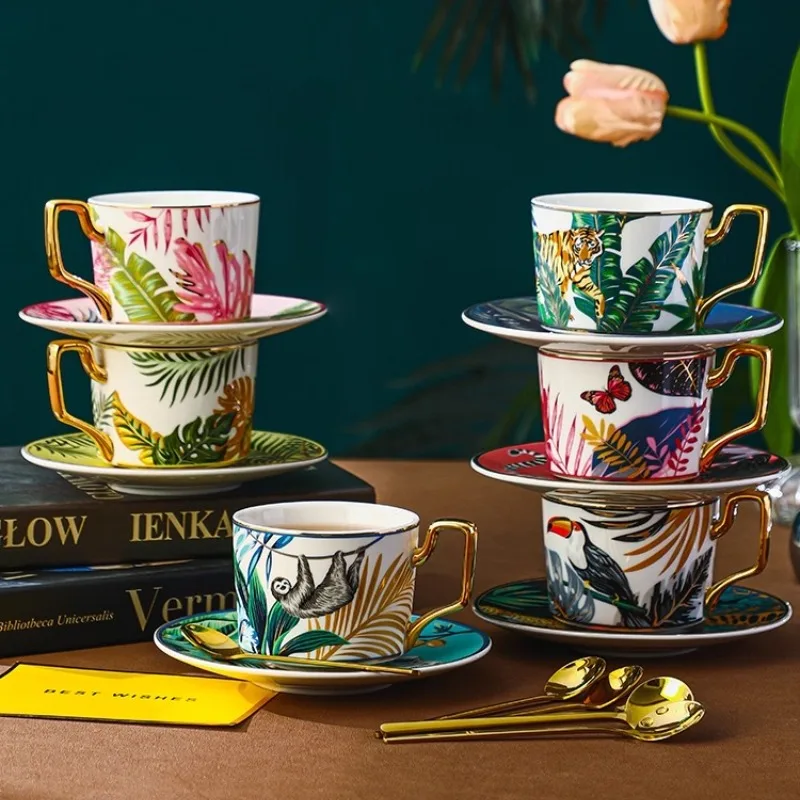 Kreatives Dschungeltier-Kaffeetasse- und Untertassen-Set, hochwertiges, exquisites Premium-Gefühl, Nischen-Geschenkbox, Geschenk zum Nachmittagstee aus Knochenporzellan Image
