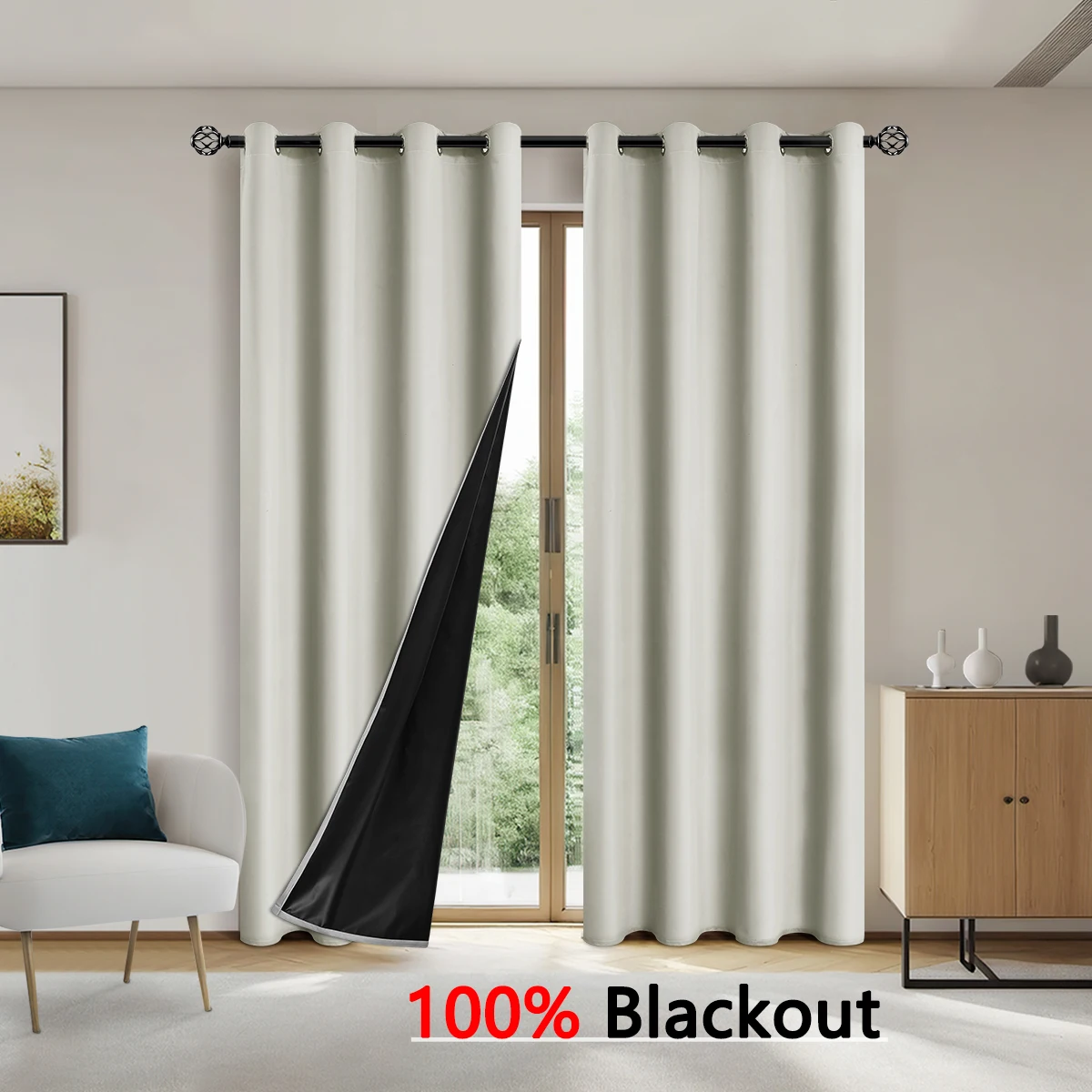 1 x einfarbige Polyester-Pongee-Vorhänge mit 100 % Verdunkelungstülle, geeignet für Vorhangdekoration im Wohnzimmer und Schlafzimmer Image