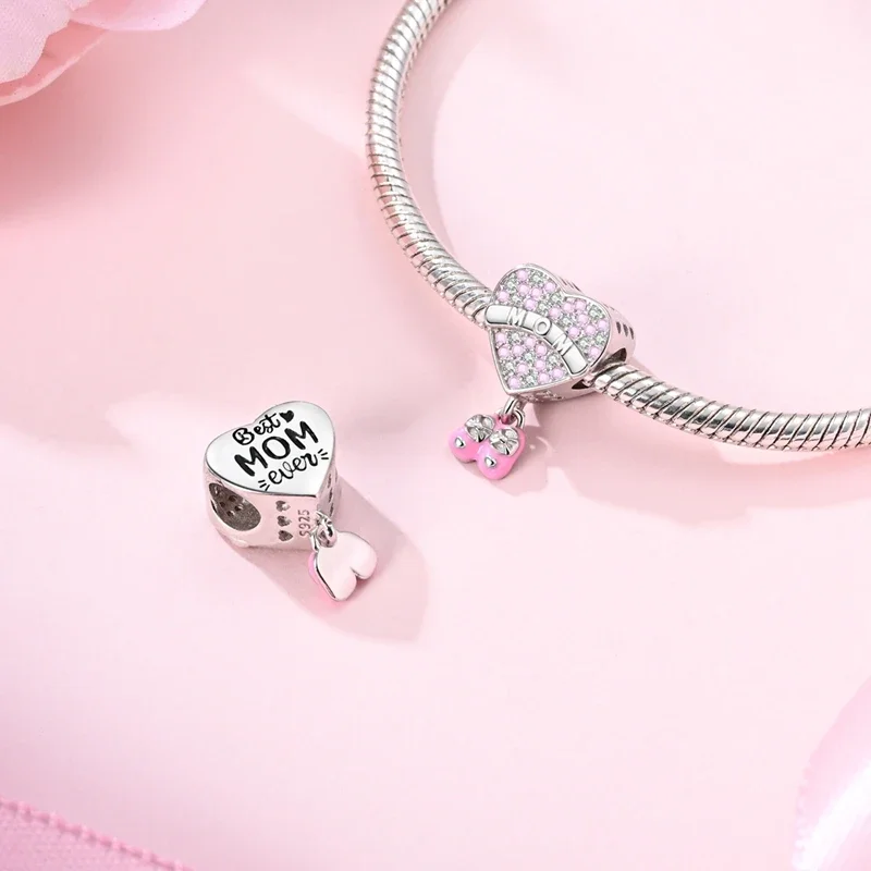 Charms aus Silber 925, rosa Mutter- und Kind-Schuhe, Herz-Anhänger, passend für Charms Plata 925, Original-Armband, Perlen, Damen-Schmuckherstellung