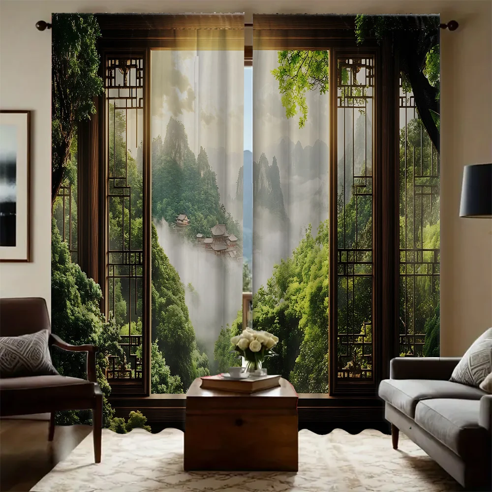 2-teilige Fenster- und Waldvorhänge für Zuhause mit Landschaftshintergrund und Stangentaschenvorhänge, Küche, Café, Wohnzimmer, Bacony Image