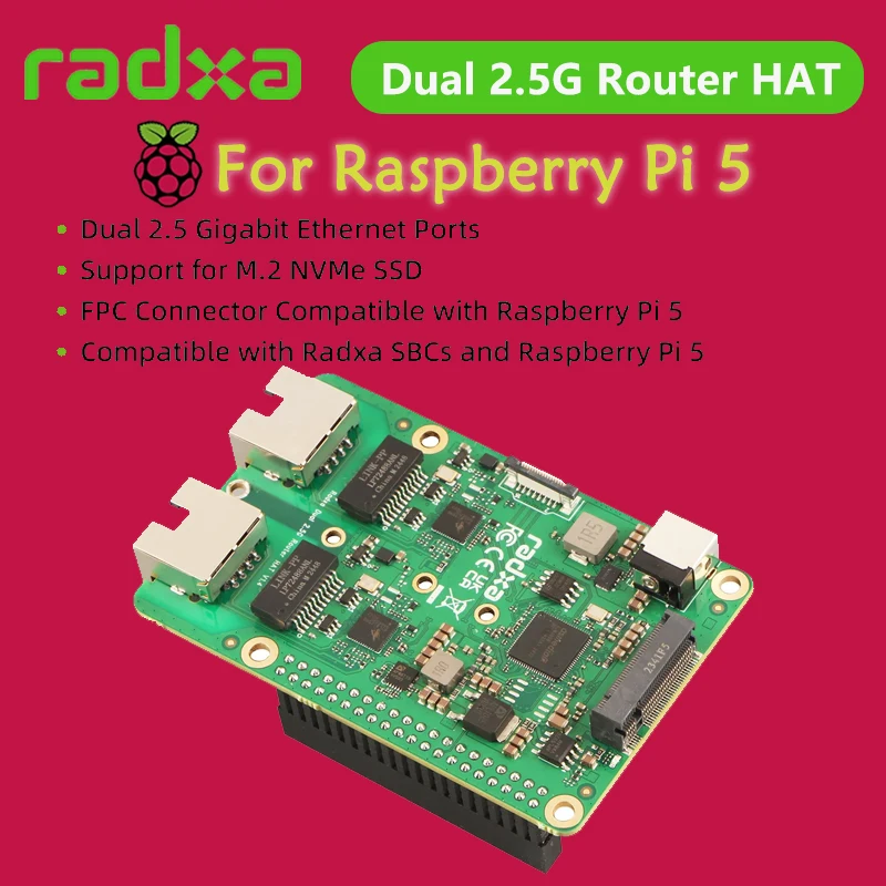 Raspberry Pi 5 Dual 2,5G Router HAT, Dual 2,5G Ethernet, NVMe SSD, PCIe FPC, entworfen für Radxa SBCs und RPi 5 Image