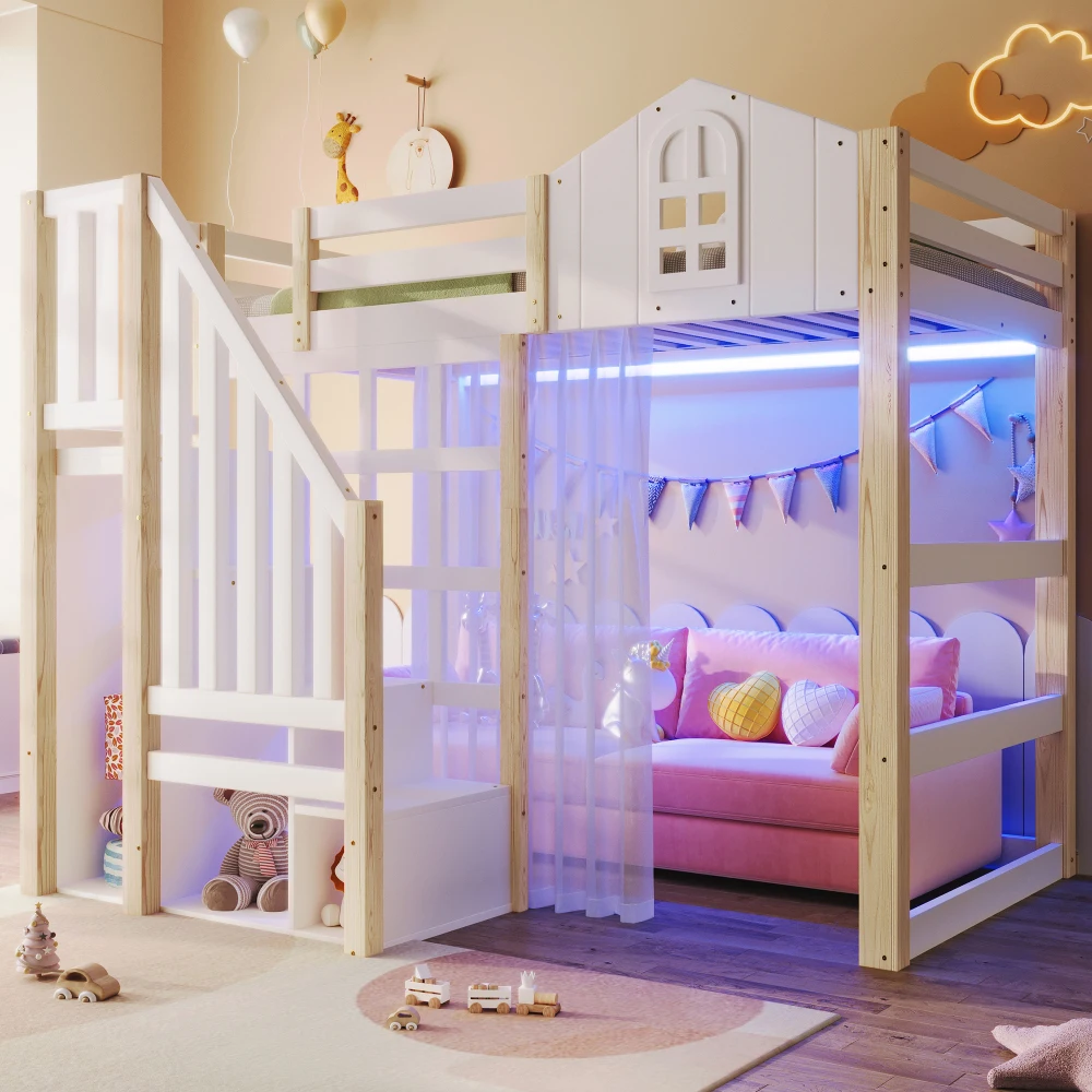 90x200cm Kinderzimmer-Hochbett, mit LED-Leuchten und Gaze, Fensterform, offenes Aufbewahrungsfach, Weiß + Natur (ohne Matratze)