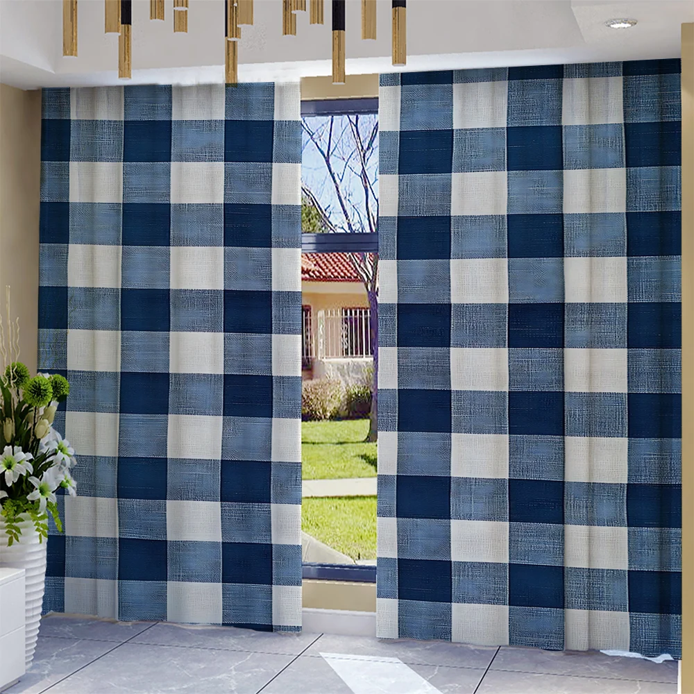2-teilige blaue Karo-Vorhänge mit Landschaftshintergrund und Stangentaschenvorhängen, Küche, Café, Wohnzimmer, Bacony Image