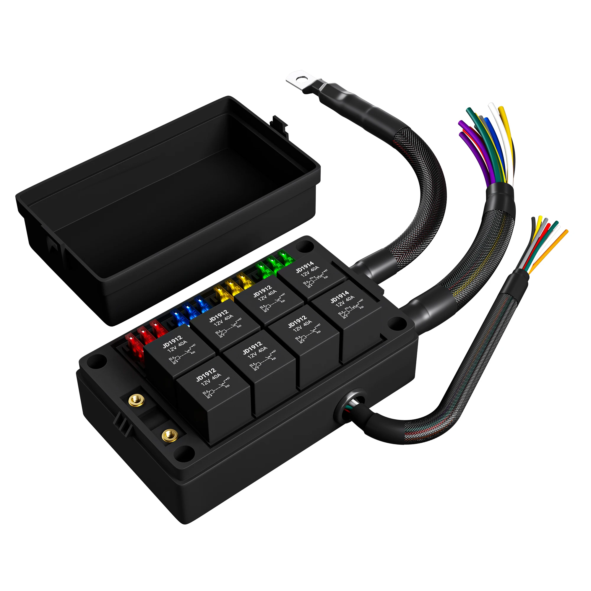 Relaiskasten, 12 V, 8-Wege-Relaisblock und 12-Wege-ATC/ATO-Flachsicherungspanel, vorverdrahtet, staubdicht, Sicherungsrelaiskasten für Automotive, Auto, Marine Image