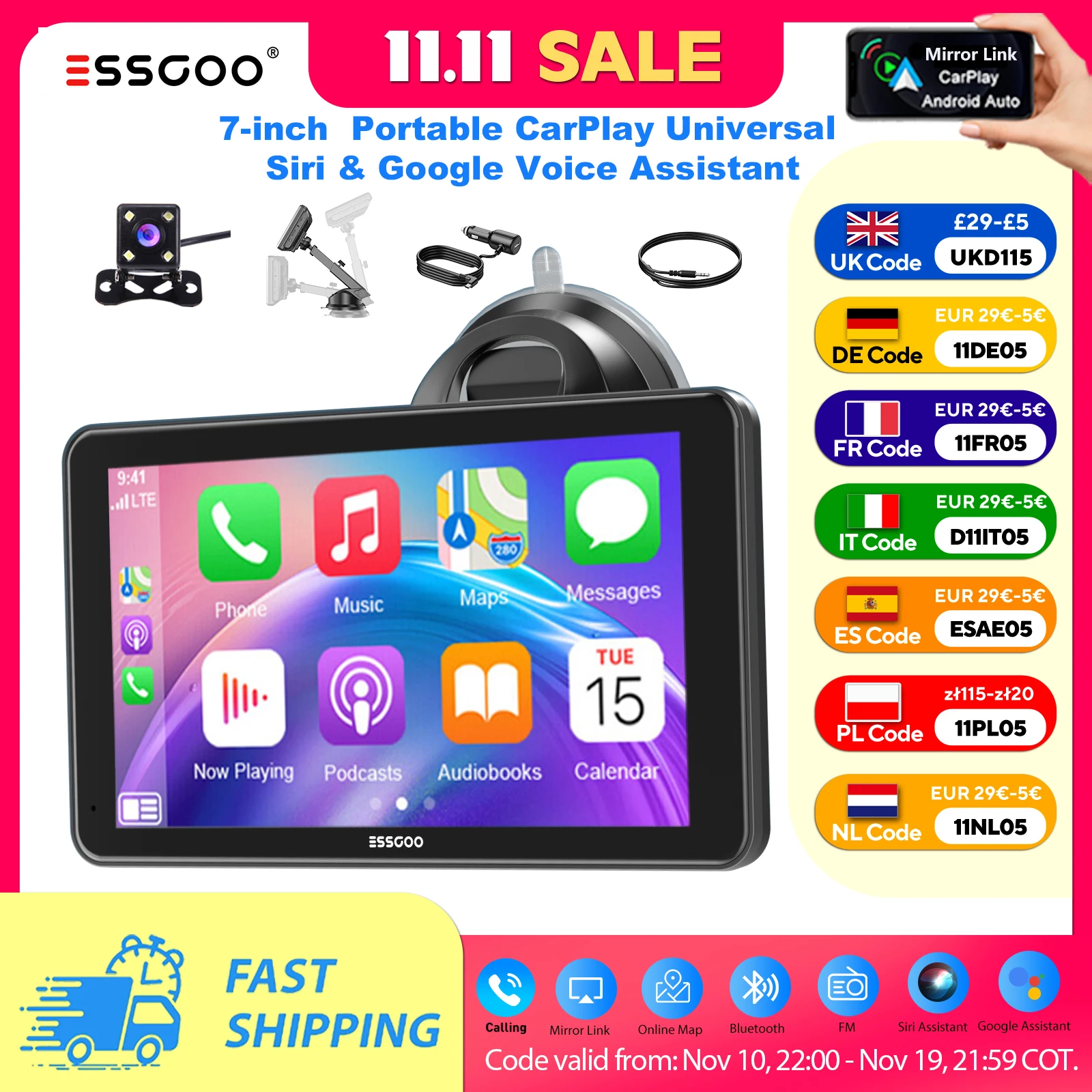 Universal Tragbares Autoradio ESSGOO 7" 4K Touchscreen CarPlay Apple CarPlay Android Auto USB TF Bluetooth LKW Mirror Link AUX Image