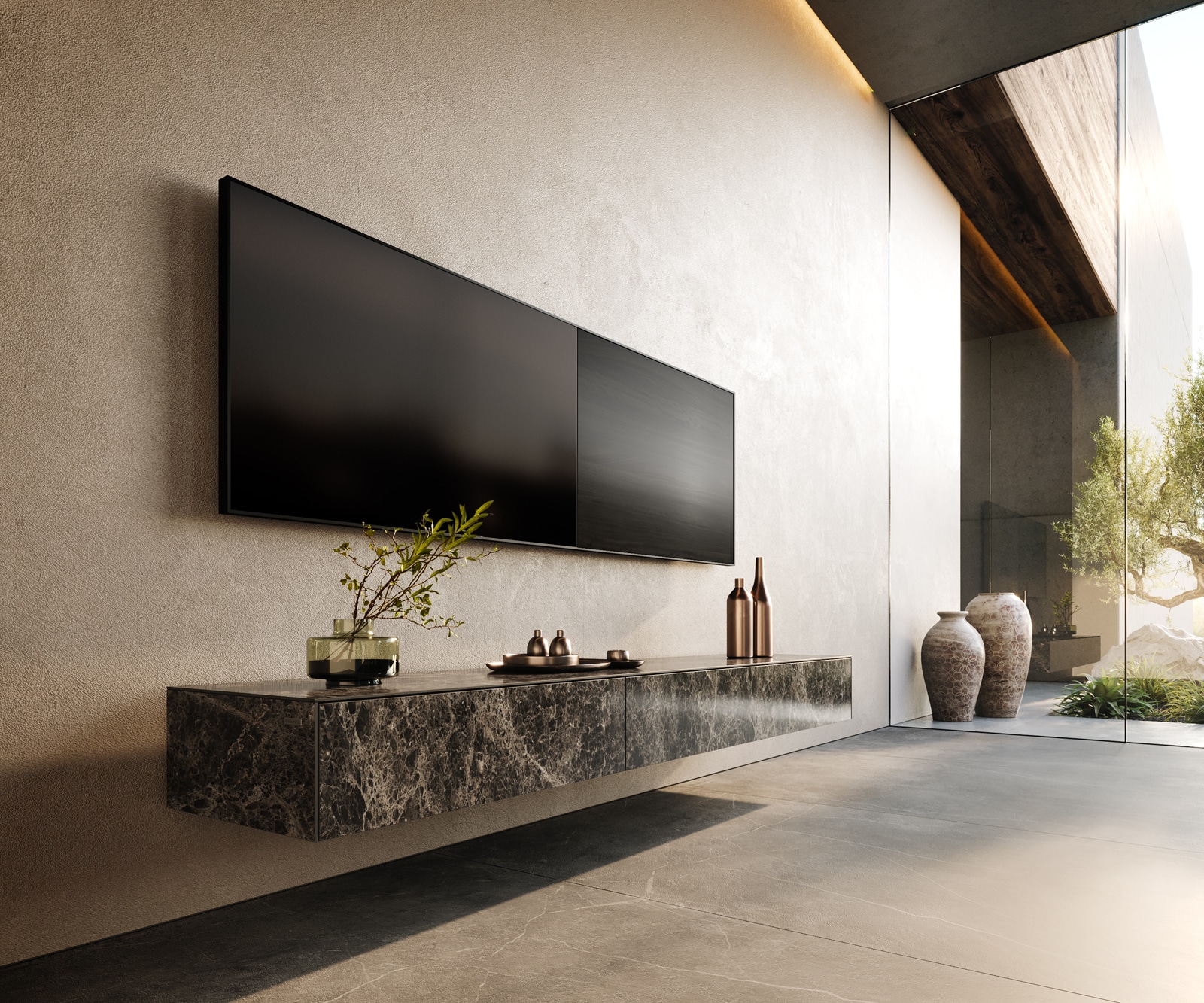 DELIFE Lowboard Cuor 200 cm Keramik Emperador Extra Lucidato Dunkelbraun 1 Klappe 1 Schubfach Schwebend, Lowboards Image