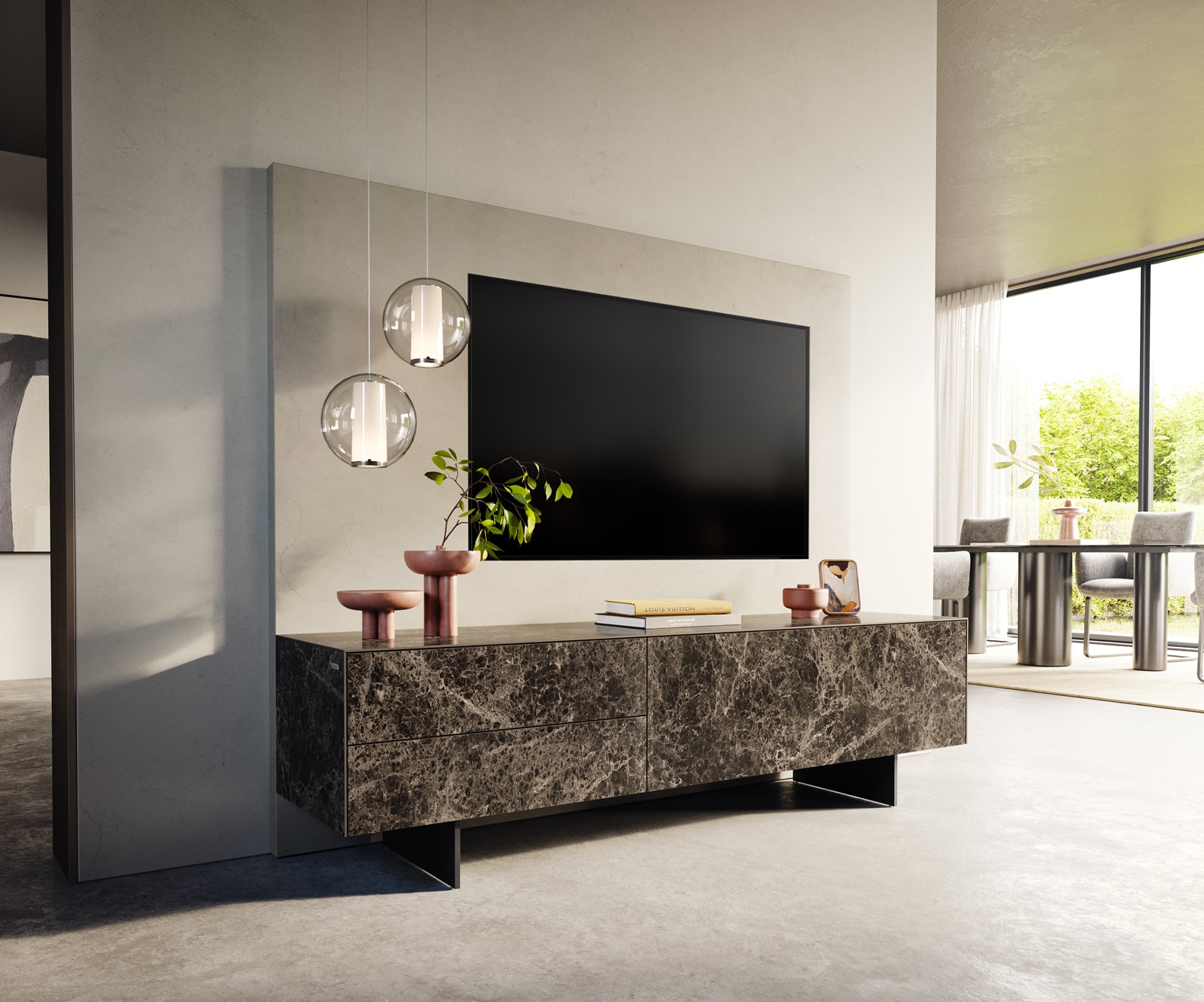 DELIFE Lowboard Cuor 180 cm Keramik Emperador Extra Lucidato Dunkelbraun 1 Klappe 2 Schubfächer Fuß Schwebeoptik Metall Schwarz, Lowboards Image