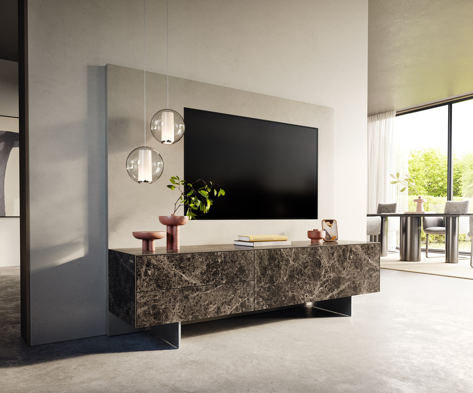 DELIFE Lowboard Cuor 180 cm Keramik Emperador Extra Lucidato Dunkelbraun 1 Klappe 2 Schubfächer Fuß Schwebeoptik Edelstahl, Lowboards Image