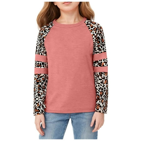 Pandaie 3-9Y Girls Sweatshirt Toddler Leopard Print Long Sleeve Crewneck Pullover 3T 4T 5T Colorblock Fall Cloths Basic Tops Tee Pink 8-9 Years