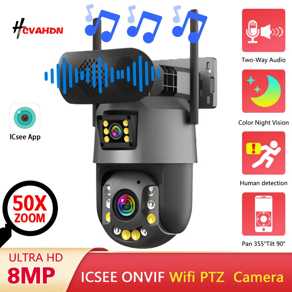 4K Dual Lens Wifi PTZ IP-Überwachungskamera 50X Zoom Outdoor Human Detection CCTV ICSEE Überwachungskamera mit Bluetooth-Lautsprecher