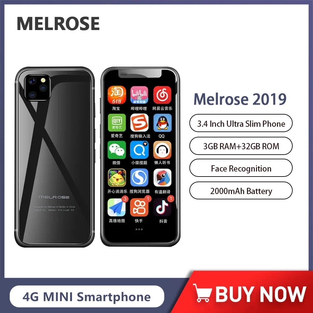 Melrose 2019 4G LTE Ultra Slim Smartphone Android 8.1 Quad Core Mobiltelefon 3,4 Zoll 3 GB + 32 GB 2000 mAh Akku Gesicht entsperren GPS Image