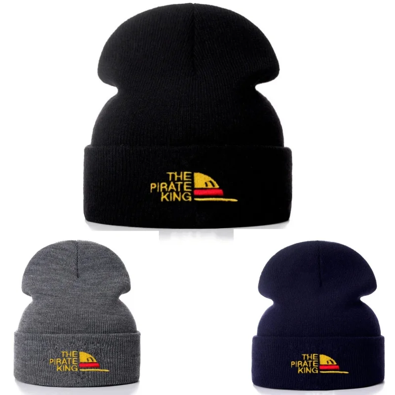 One Piece THE PIRATE KING Unisex Baumwolle Cartoon bestickte Mützen Freizeithüte Gestrickte Wintermütze Harte Hip Hop Totenkopf Motorhaube Mütze