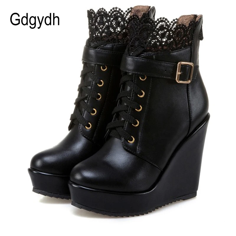 Gdgydh Mode Spitze Schwarz Plattform Keil Stiefeletten Für Frauen Lace Up Braut Schuhe Hochzeit Weiß Damen Gothic Punk Schuhe Stiefel