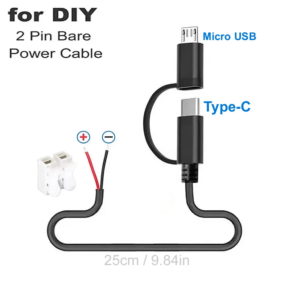 Cavo di alimentazione open end a filo nudo USB C tipo C a 2 pin, cavo fai da te da treccia a 2 pin a tipo C/micro USB maschio, per sostituzione o riparazione