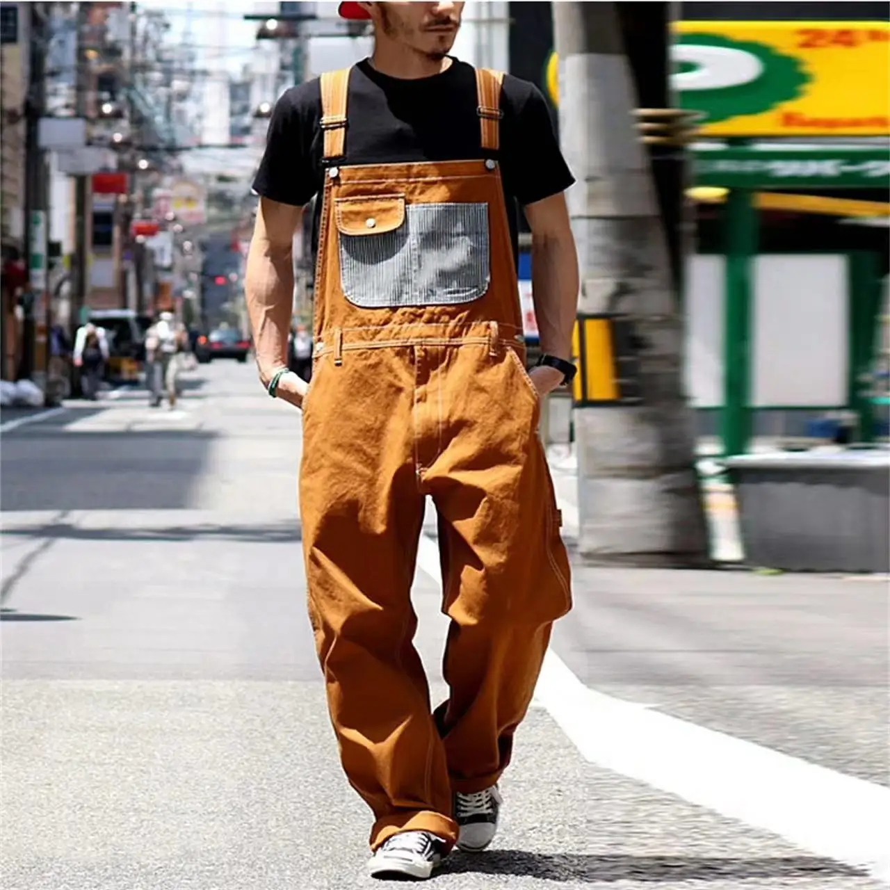 Amerikanischen Vintage Männer Hosenträger Hosen Mode Patchwork Overall Plus Größe Lose Overalls Mehrere Taschen Cargo Pant Streetwear