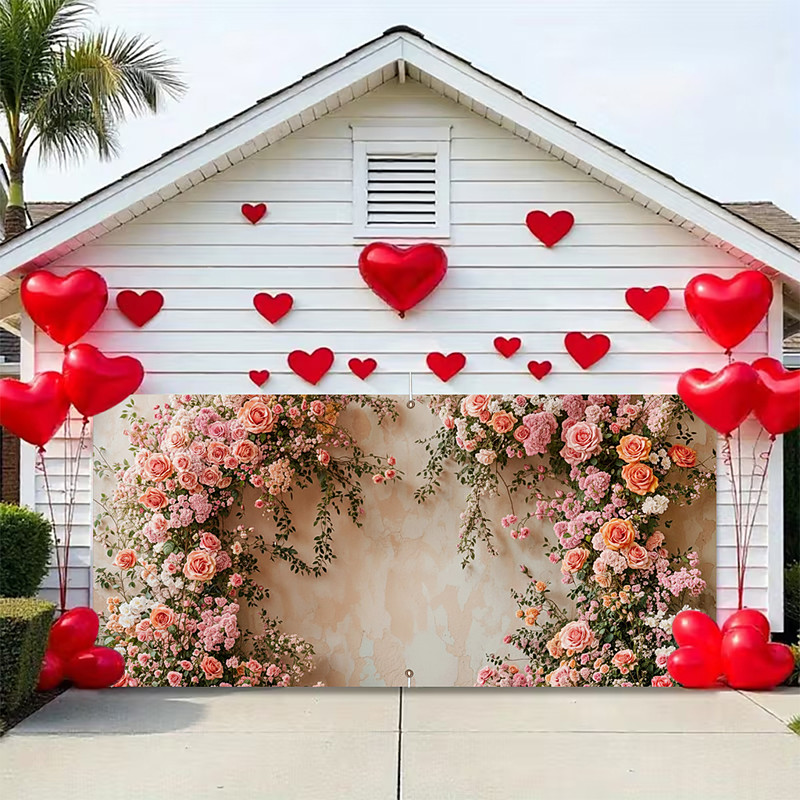 Valentine's Day Garage Door Cover, Rose Cluster with Fairy Lights, Decorative Trees, Perfect for Holiday Ambiance, Ideal for Home, Storefront, or Valentine's Day Decor